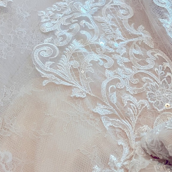 Oleg Cassini CWG807 cap sleeve plunging V neck. Ivory rose gold w/chapel train. - Picture 7 of 14